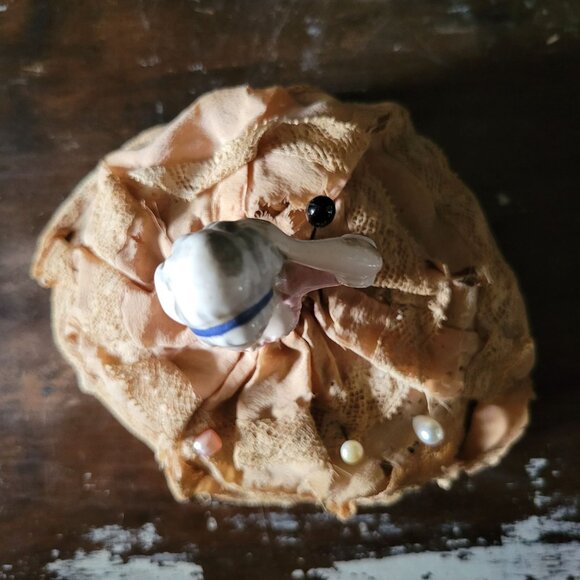 Antique Porcelain Half Doll Pin Cushion, Sewing Room Decor, Tattered Dress Doll - Picture 6 of 9